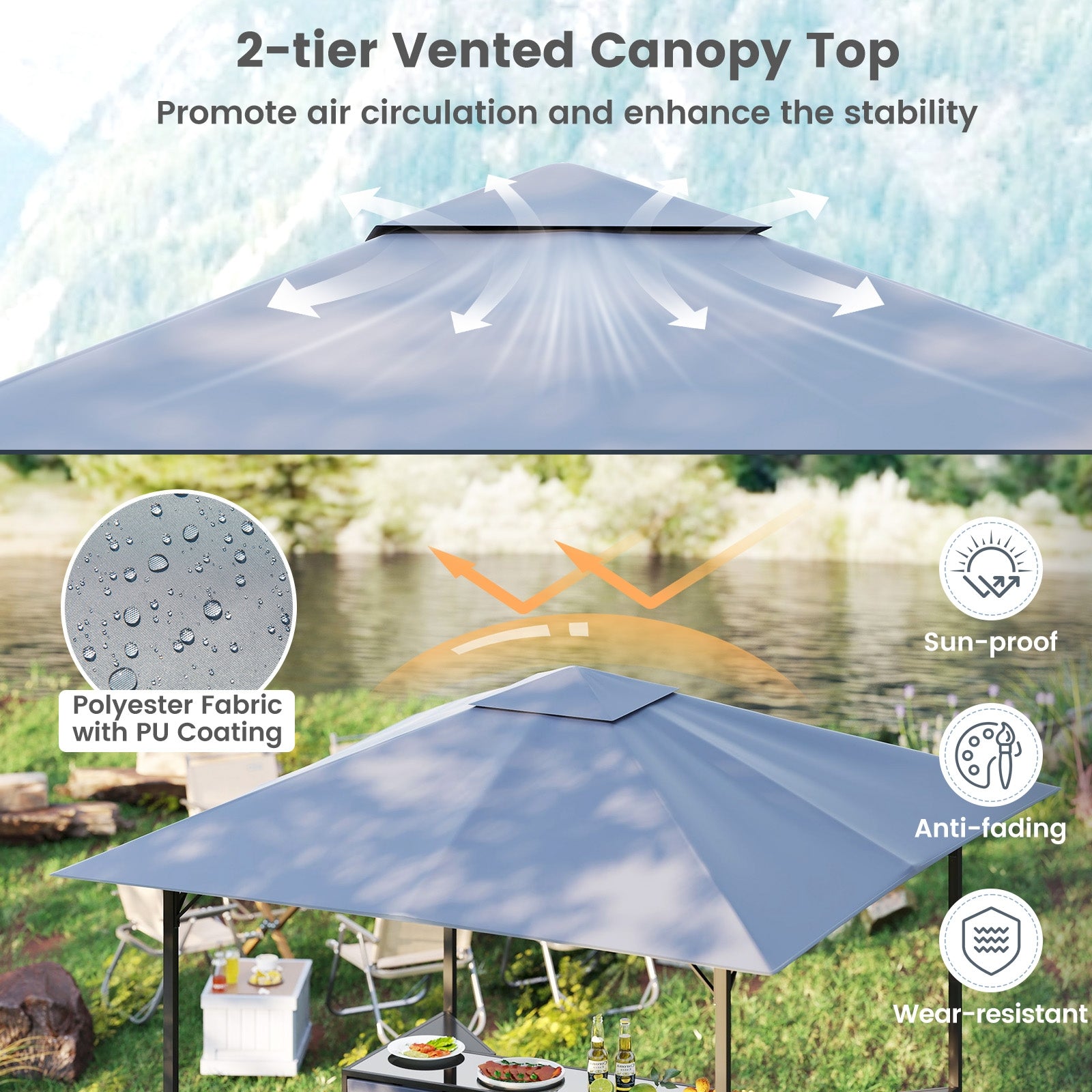 3-Piece Patio Bar Set 8 x 8 FT Double-Tier Grill Gazebo with 2 Bar Stools