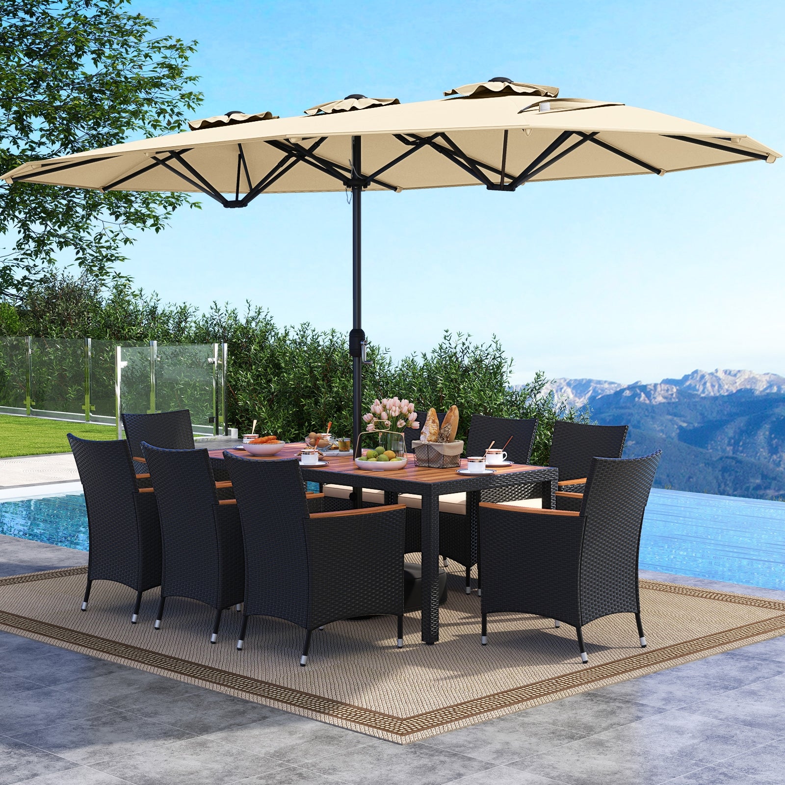 10 Piece Outdoor Dining Set with 15 Feet Double-Sided Twin Umbrella