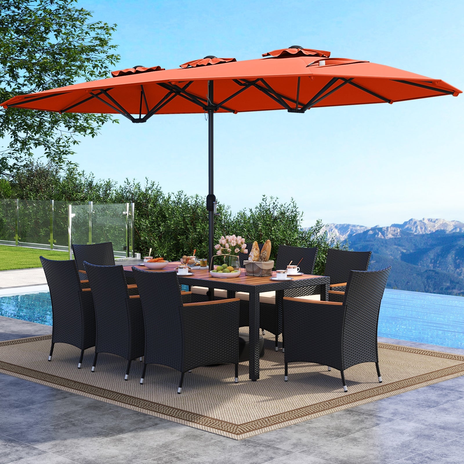 10 Piece Outdoor Dining Set with 15 Feet Double-Sided Twin Umbrella