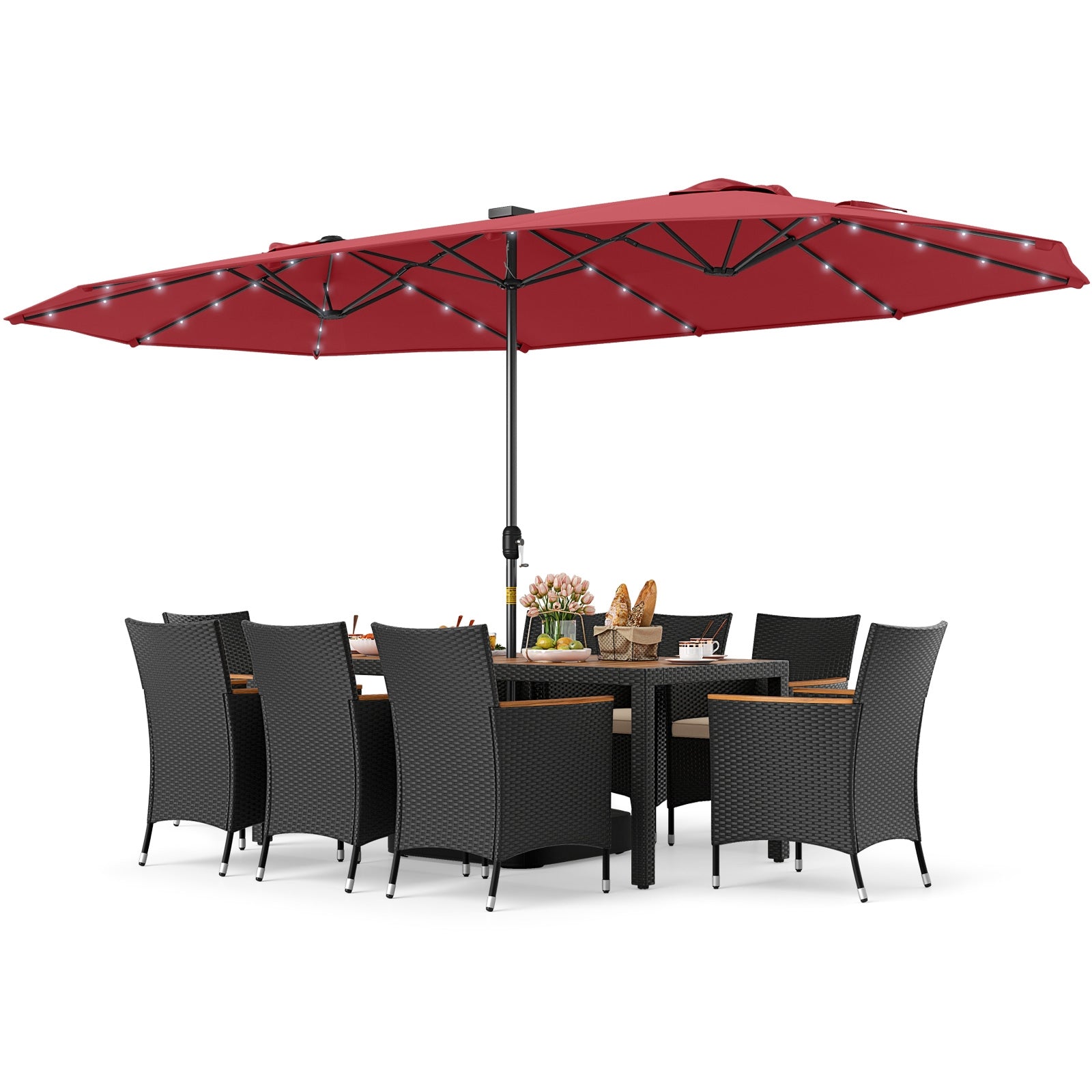 11 Pieces Patio Dining Set with LED Patio Umbrella with Base and Seat Cushions