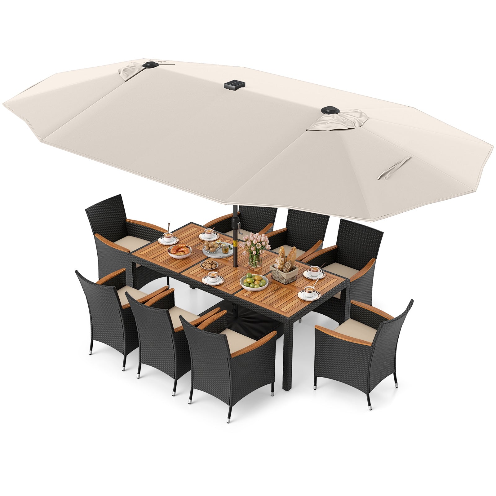 11 Pieces Patio Dining Set with LED Patio Umbrella with Base and Seat Cushions