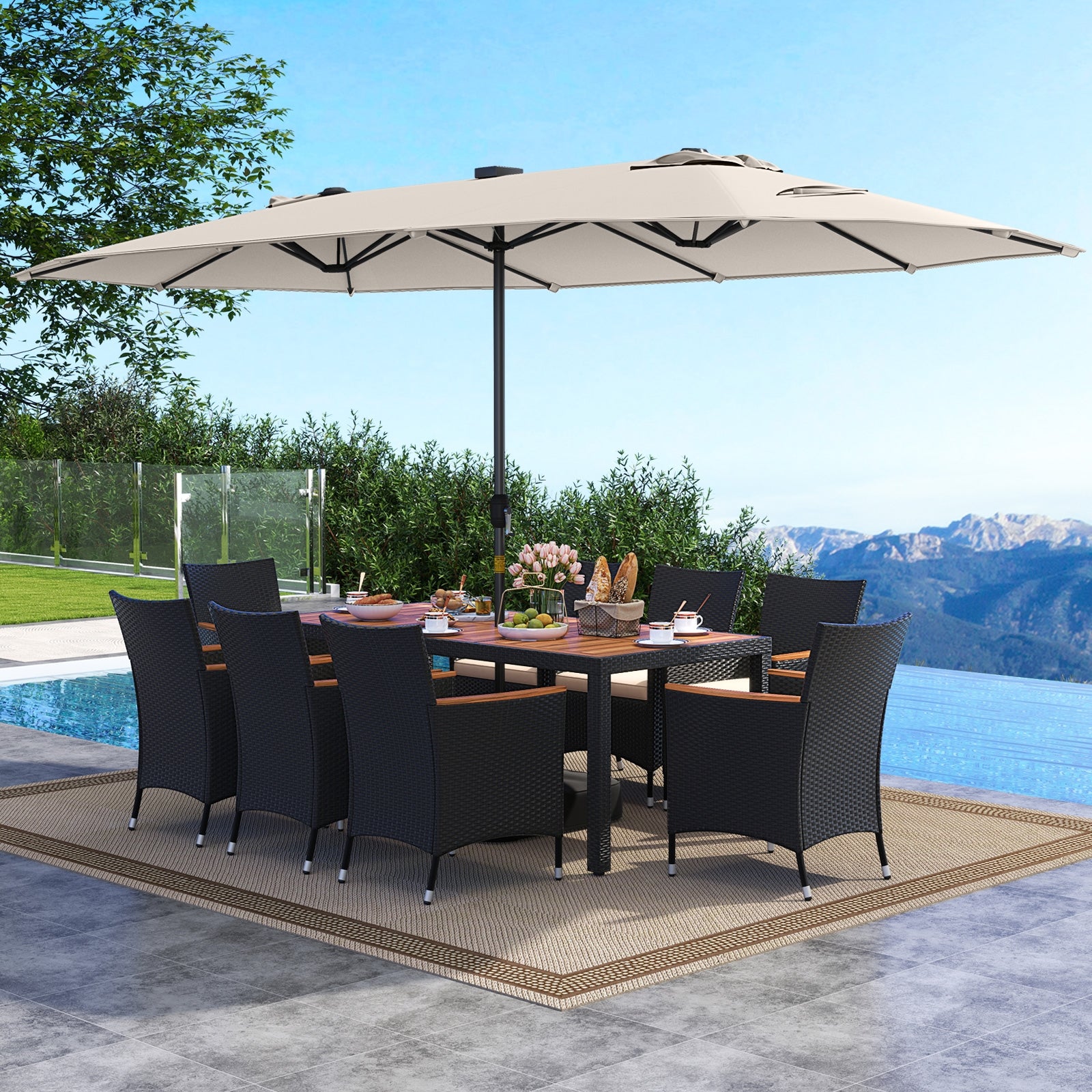 11 Pieces Patio Dining Set with LED Patio Umbrella with Base and Seat Cushions
