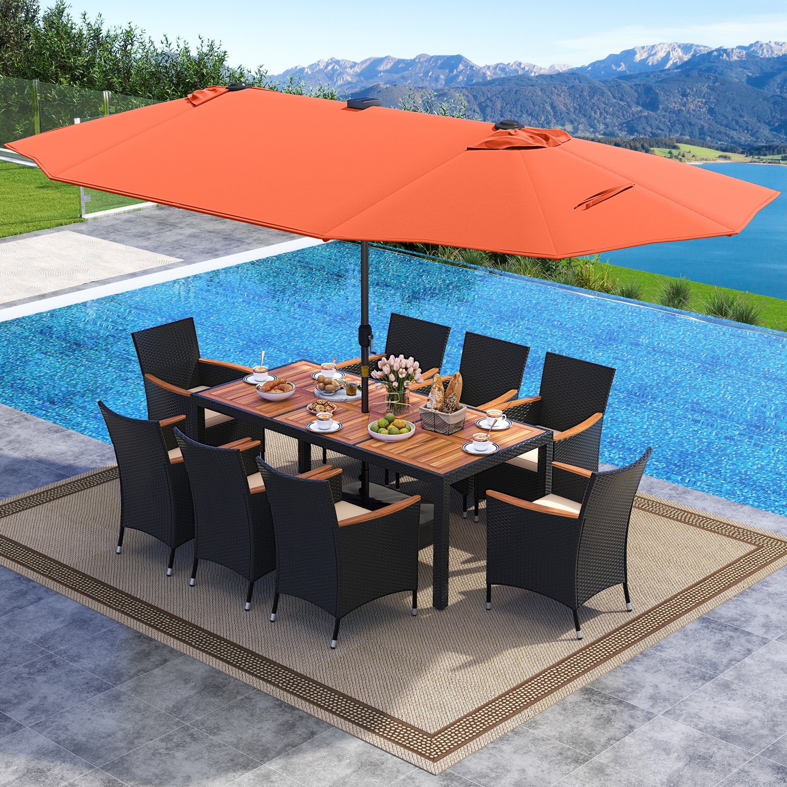 11 Pieces Patio Dining Set with LED Patio Umbrella with Base and Seat Cushions