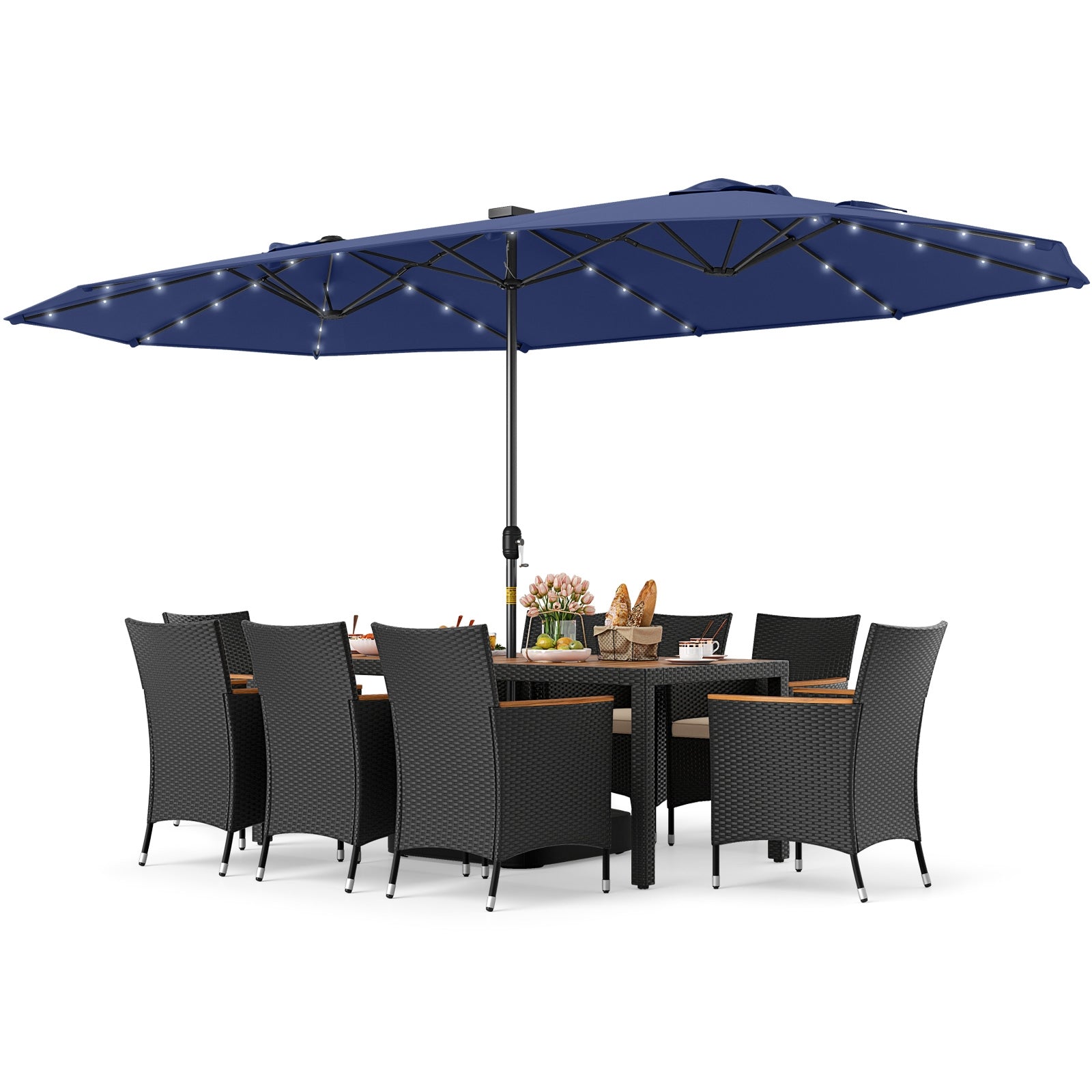 11 Pieces Patio Dining Set with LED Patio Umbrella with Base and Seat Cushions
