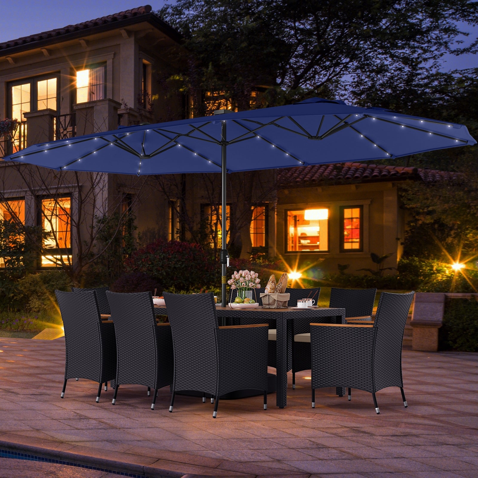 11 Pieces Patio Dining Set with LED Patio Umbrella with Base and Seat Cushions