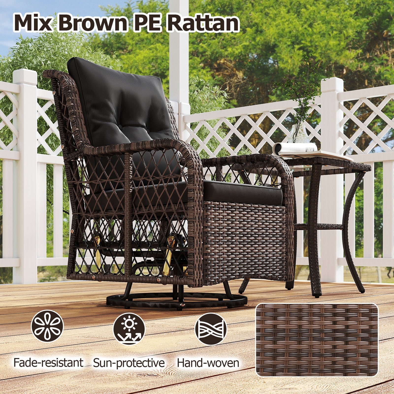 3 Pieces Patio Furniture Set PE Wicker Swivel Glider Chairs with 2-Tier Side Table and Cushions