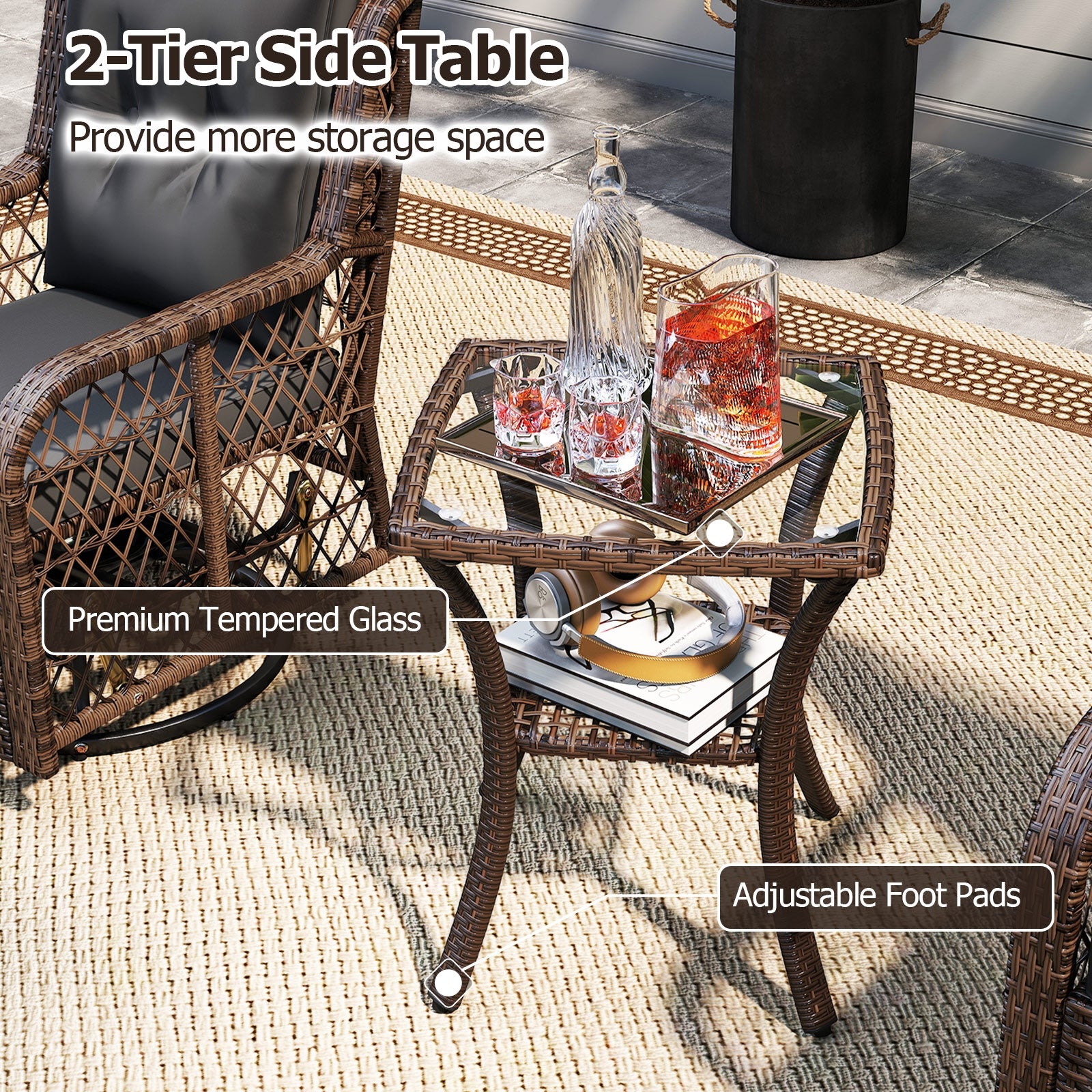 3 Pieces Patio Furniture Set PE Wicker Swivel Glider Chairs with 2-Tier Side Table and Cushions