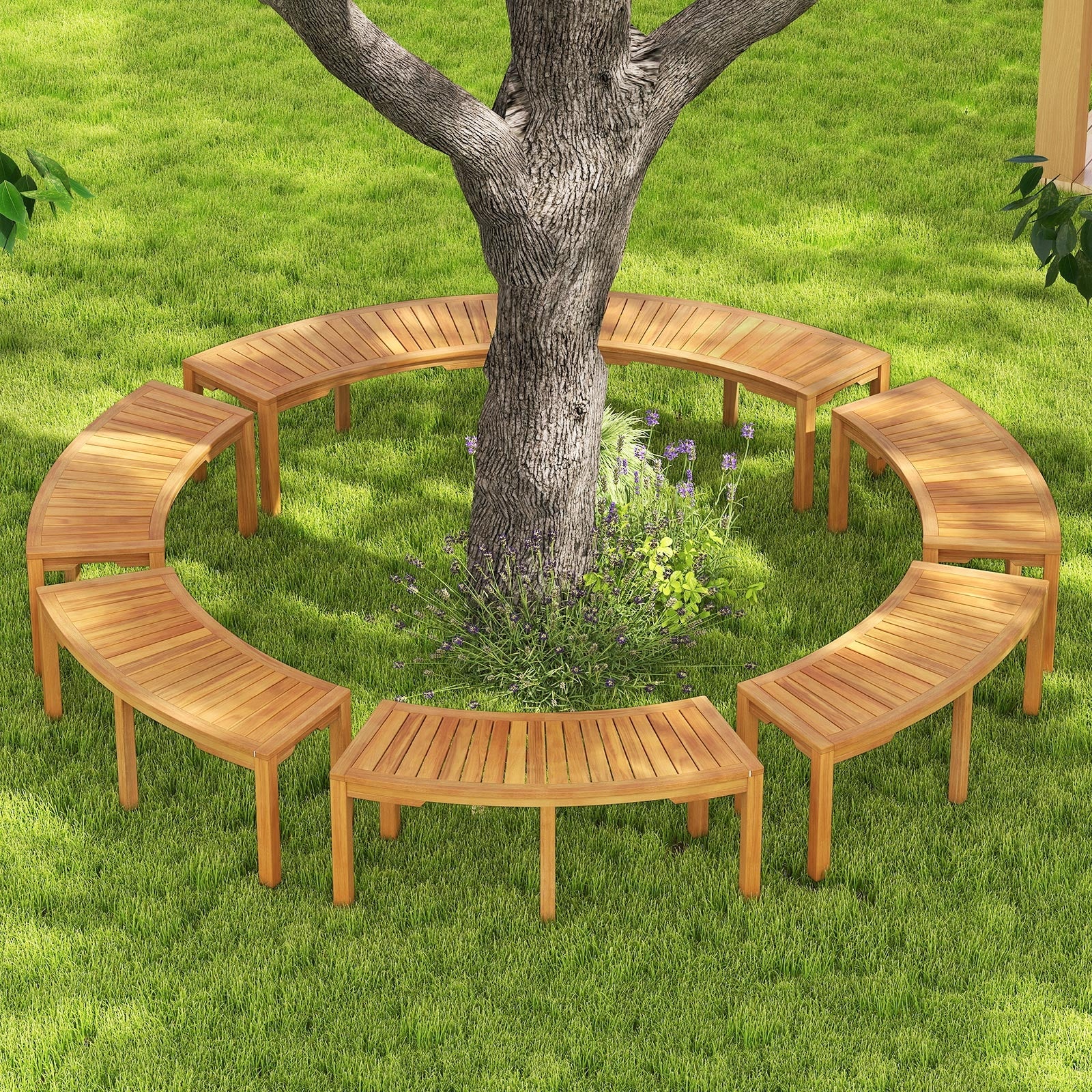 Set of 7 Outdoor Bench Acacia Wood Curved Garden Bench