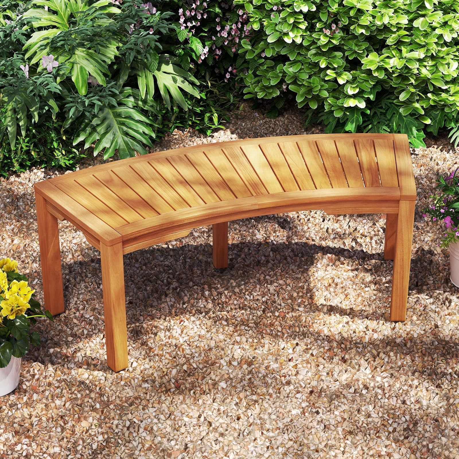 Set of 7 Outdoor Bench Acacia Wood Curved Garden Bench