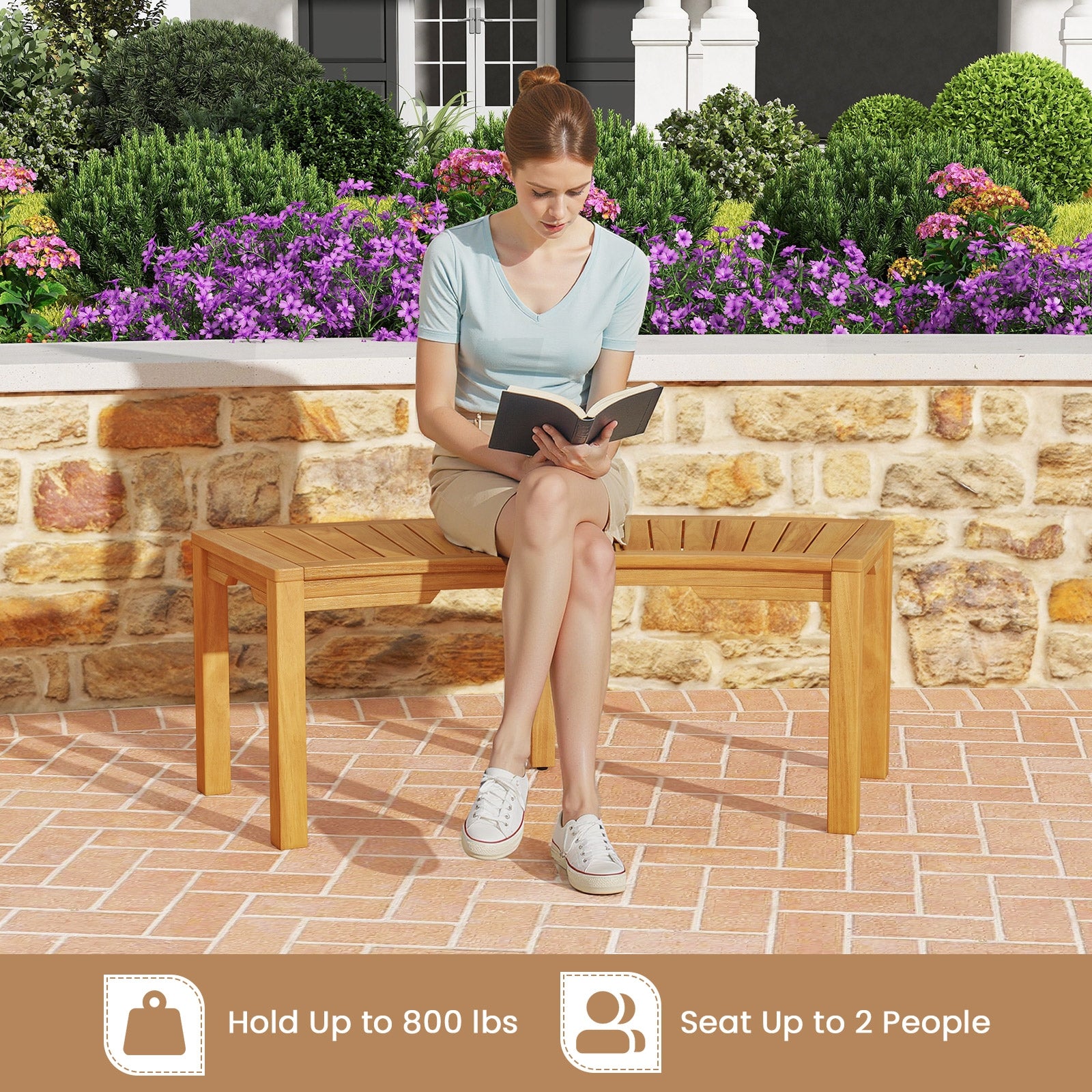 Set of 7 Outdoor Bench Acacia Wood Curved Garden Bench