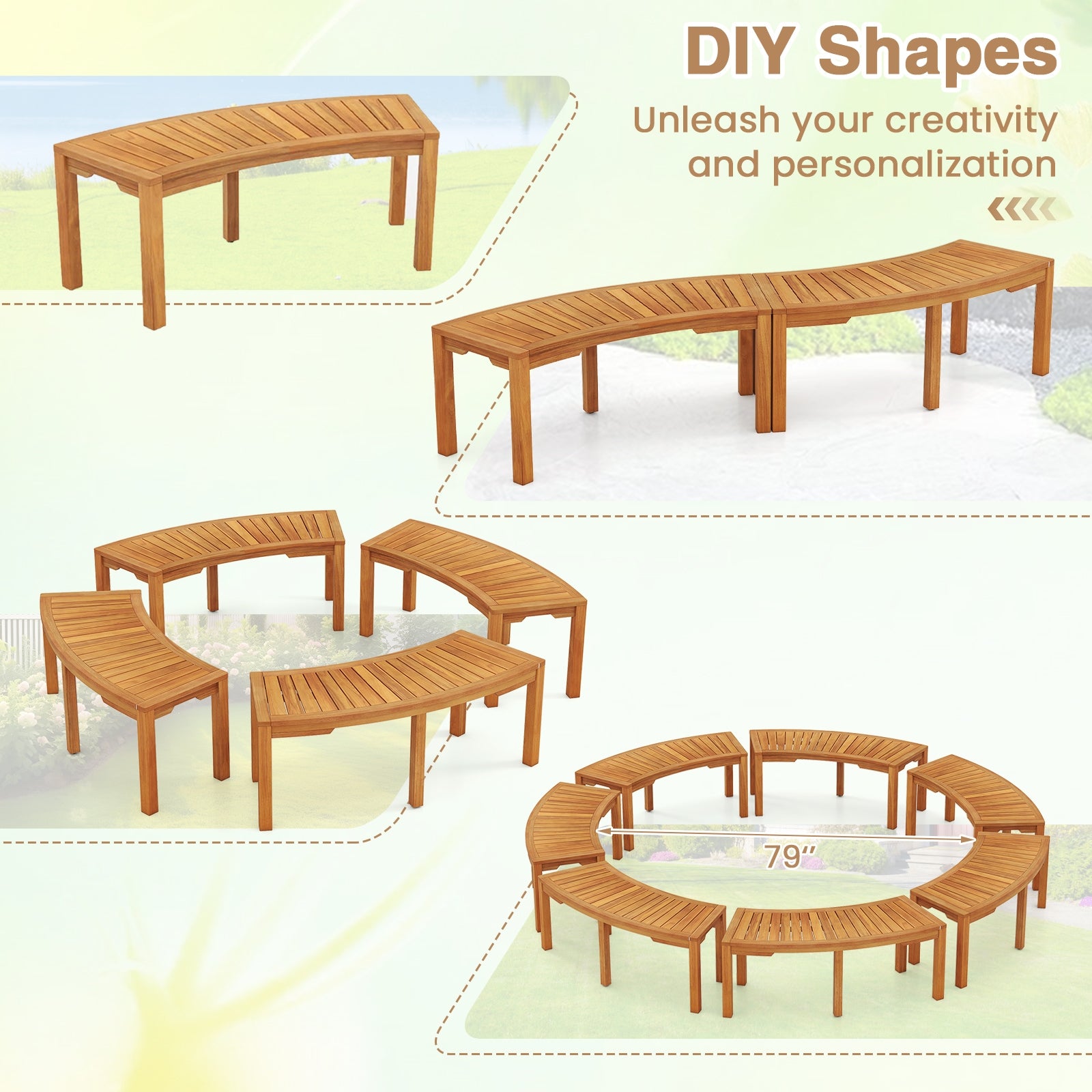 Set of 7 Outdoor Bench Acacia Wood Curved Garden Bench