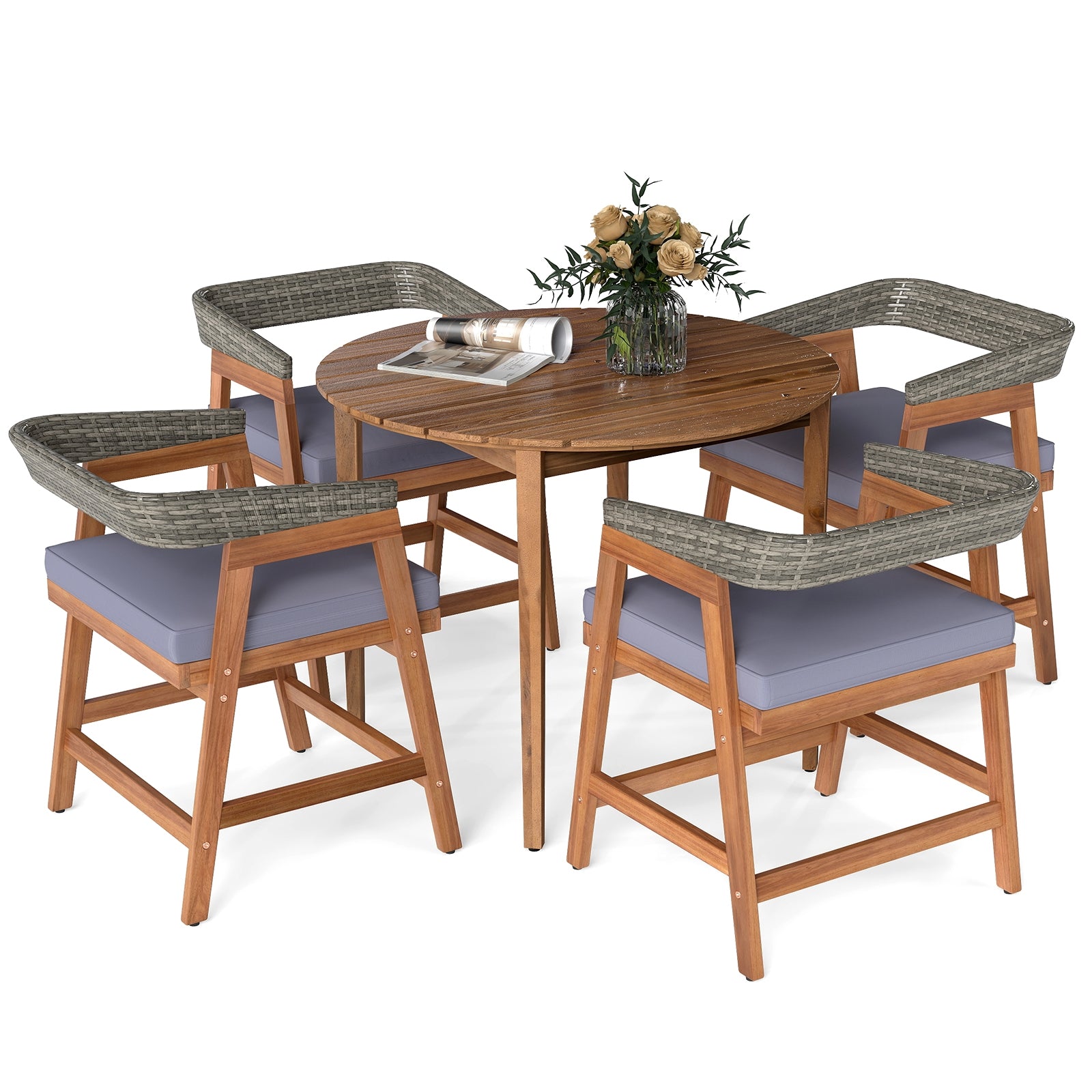 5 Pieces Patio Dining Set with Cushions and PE Rattan Backrest for Garden and Backyard