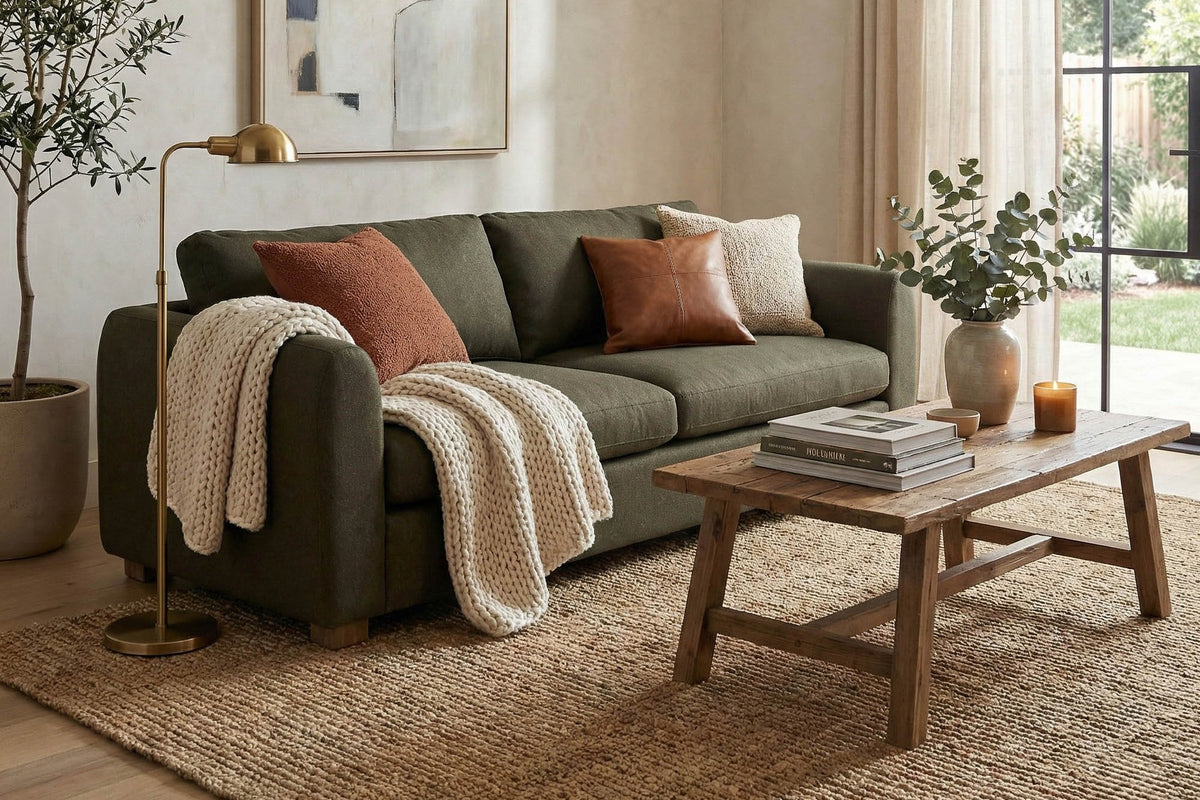 Isolde moss green sofa with rust pillows and a knit throw in a warm living room