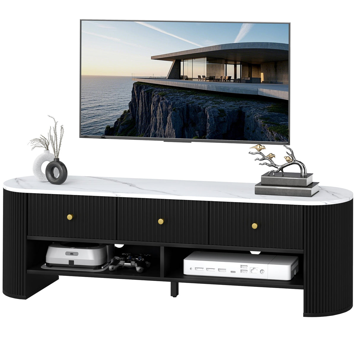 Colby Modern TV Stand with Marble-Effect Top and Storage Drawers - Natural