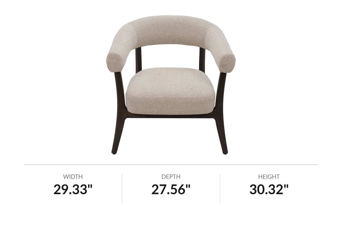 Jolie oat fabric accent chair, front view with dimensions