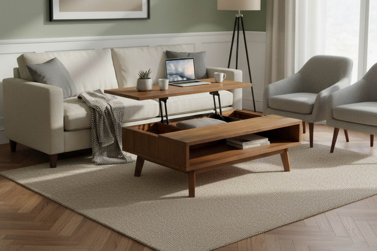 Keaton Warm Pecan coffee table in a sage green living room