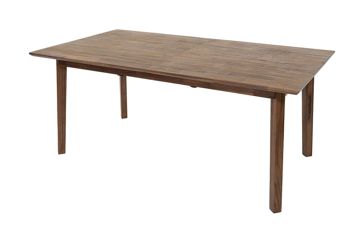 Keaton solid acacia extendable dining table in Warm Pecan, closed, three-quarter view