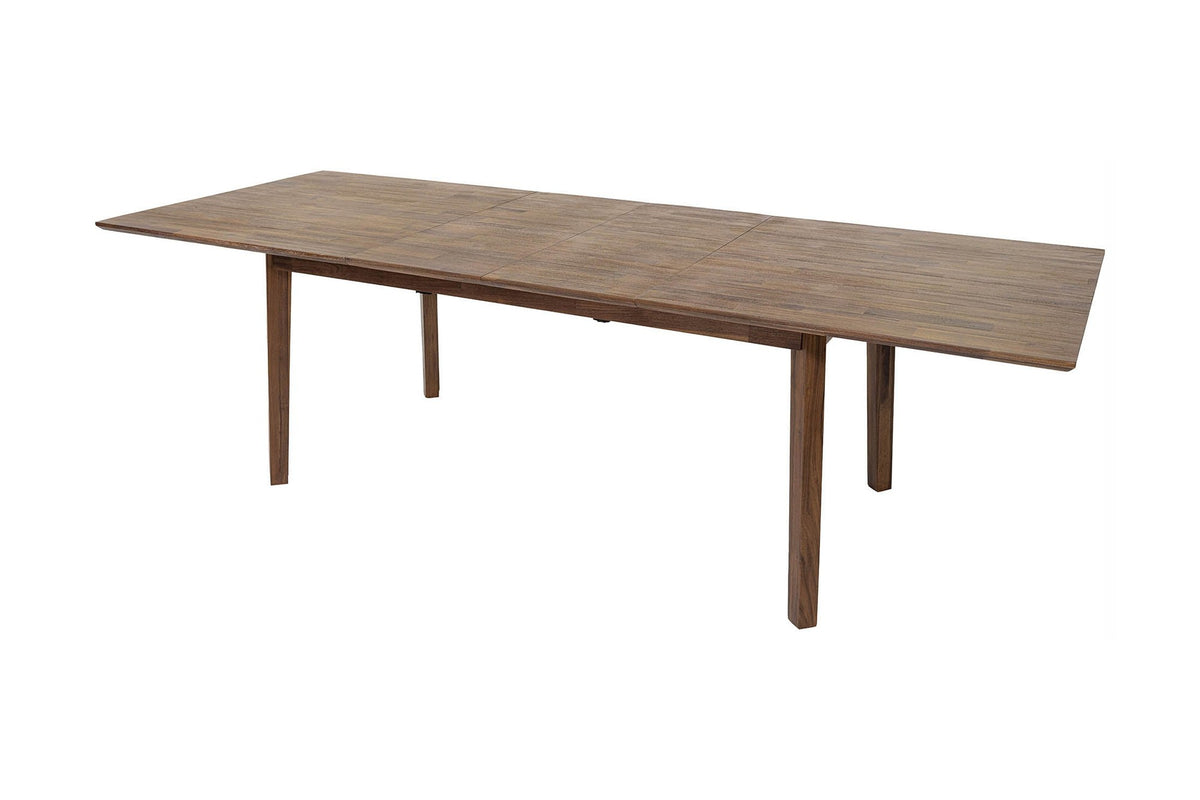 Keaton solid acacia dining table extended, three-quarter view