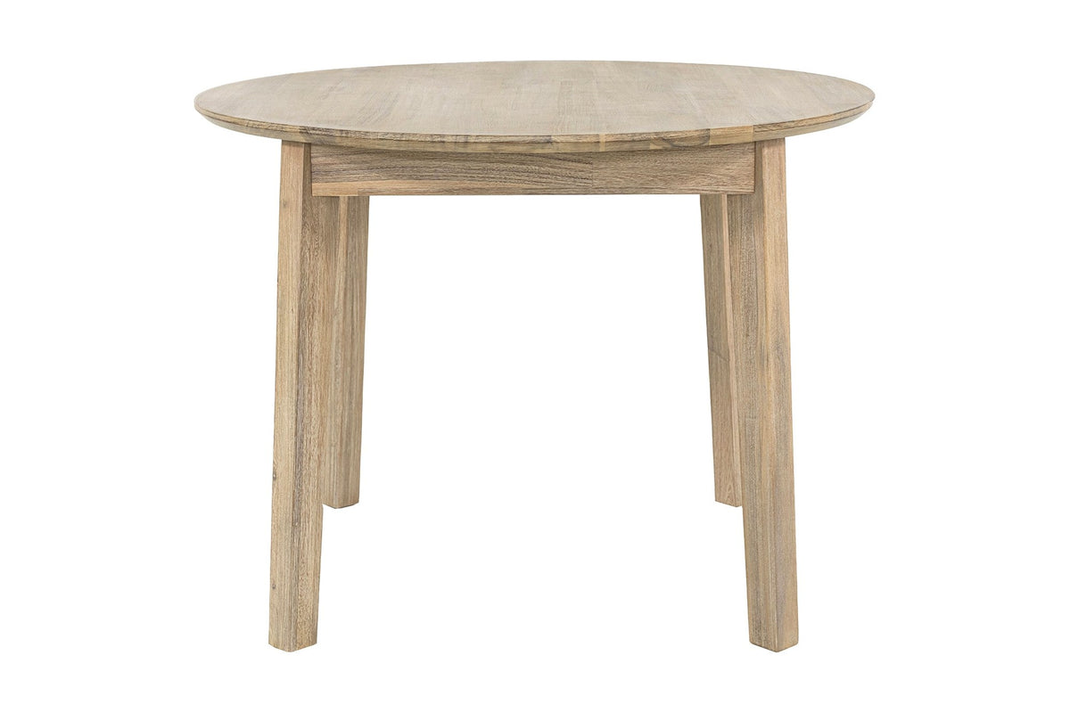 Keaton solid acacia round dining table in Light Driftwood, front view