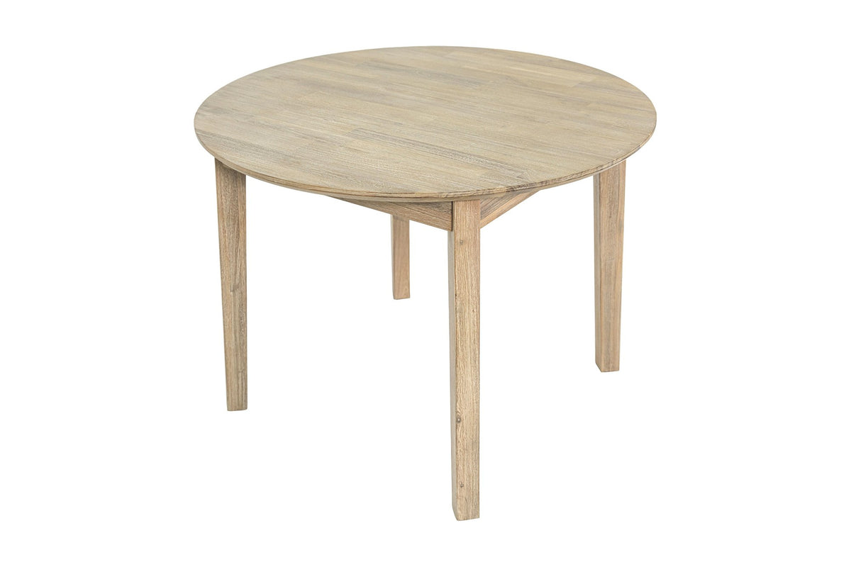 Keaton round acacia dining table in Light Driftwood, high-angle view of the top