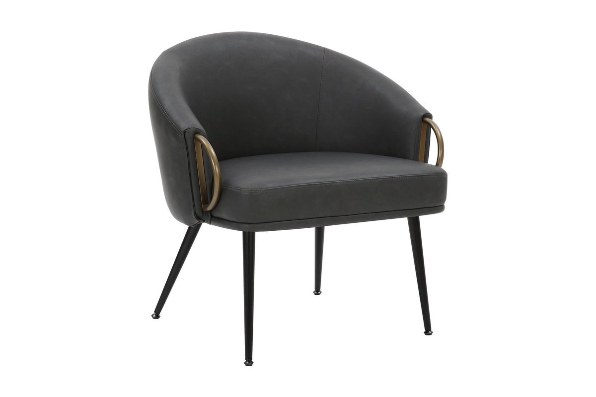 Kenna barrel accent chair in vintage charcoal faux leather with aged gold arm rings, three-quarter view