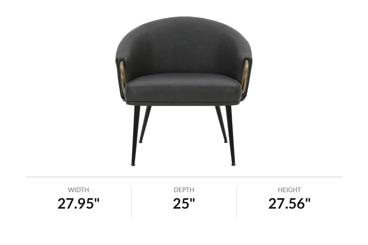 Kenna vintage charcoal accent chair, front view with dimensions