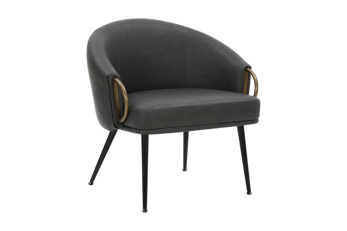 Kenna charcoal faux leather barrel chair, three-quarter view from the right