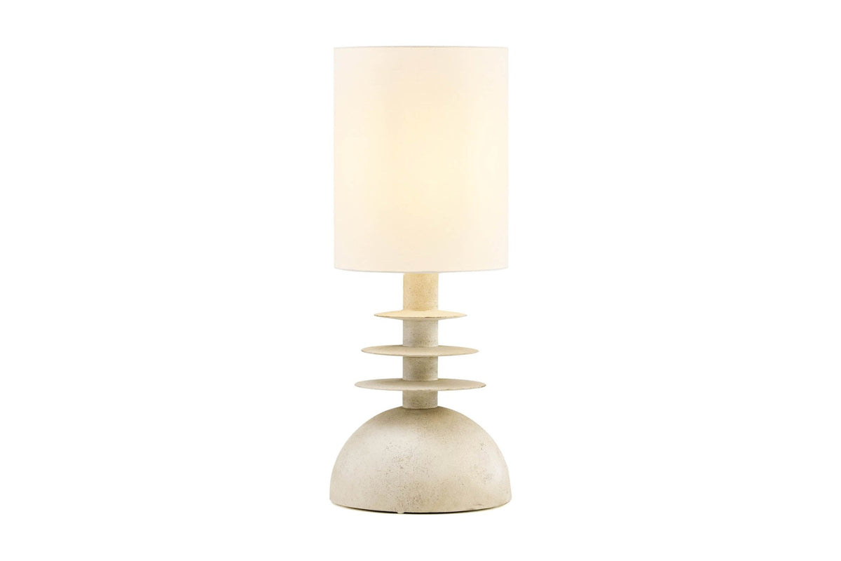 Kerensa sculptural table lamp with stacked-disc base and linen drum shade