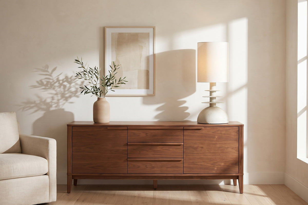 Kerensa table lamp on the end of a walnut sideboard in a sunlit living room