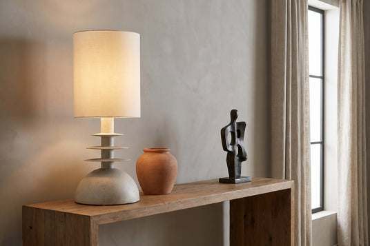 Kerensa Sculptural Pine and Linen Table Lamp - Soft Light Through Linen