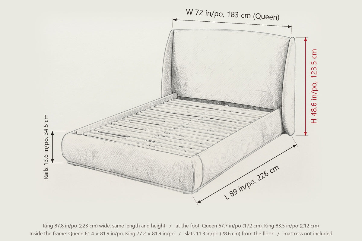 Labro dimensions on a pencil sketch: Queen 89 in long, 72 in wide at the headboard, 48.6 in high, rails 13.6 in high