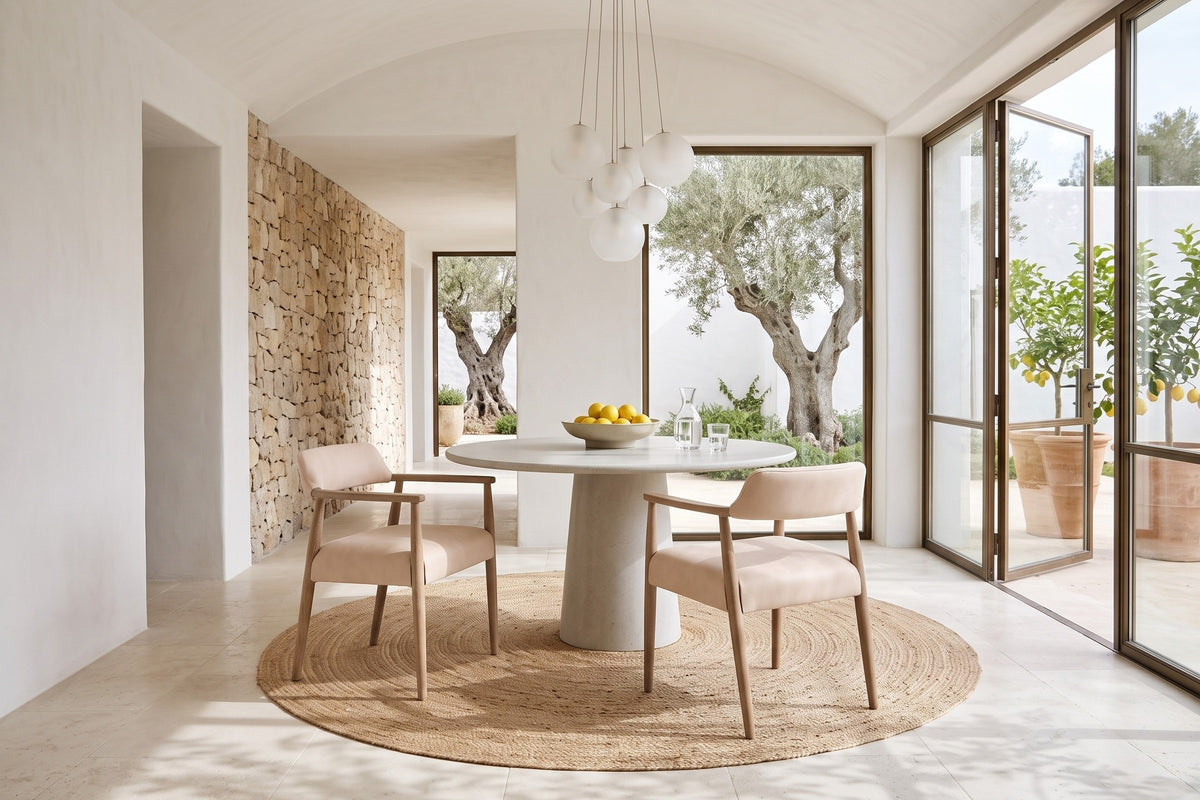 Two Laigueglia armchairs in Beige leather at a round stone pedestal table in an Ibiza finca, a whitewashed vault