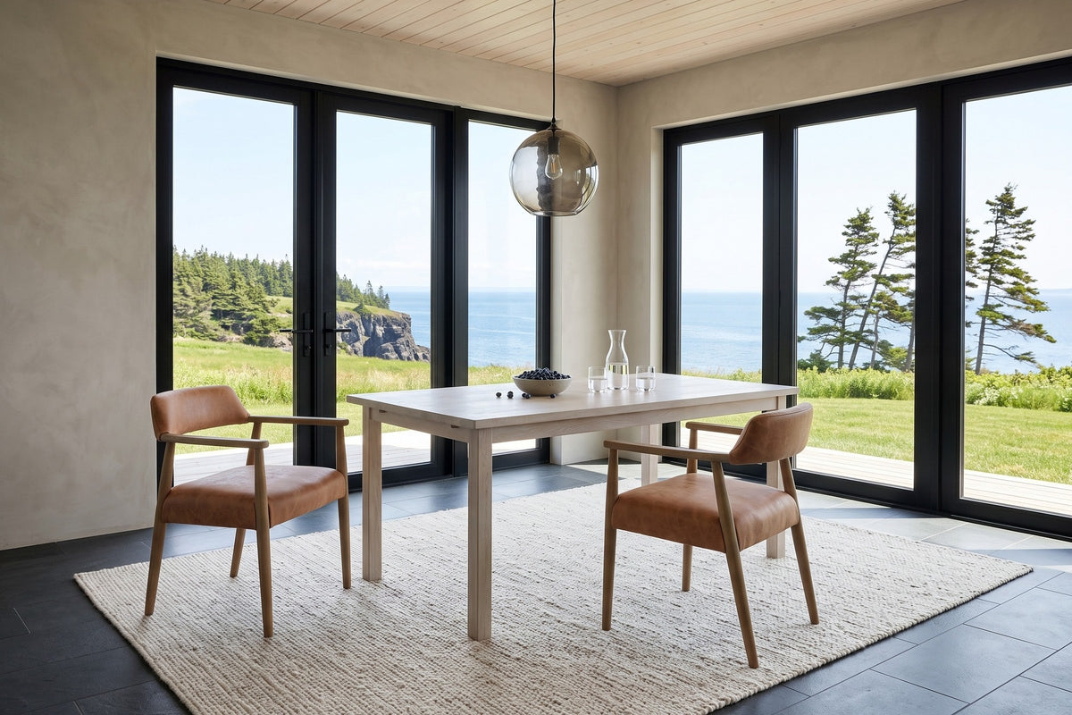 Two Laigueglia armchairs in Brown leather at the corner of a whitewashed oak table in a Grand Manan cliff house
