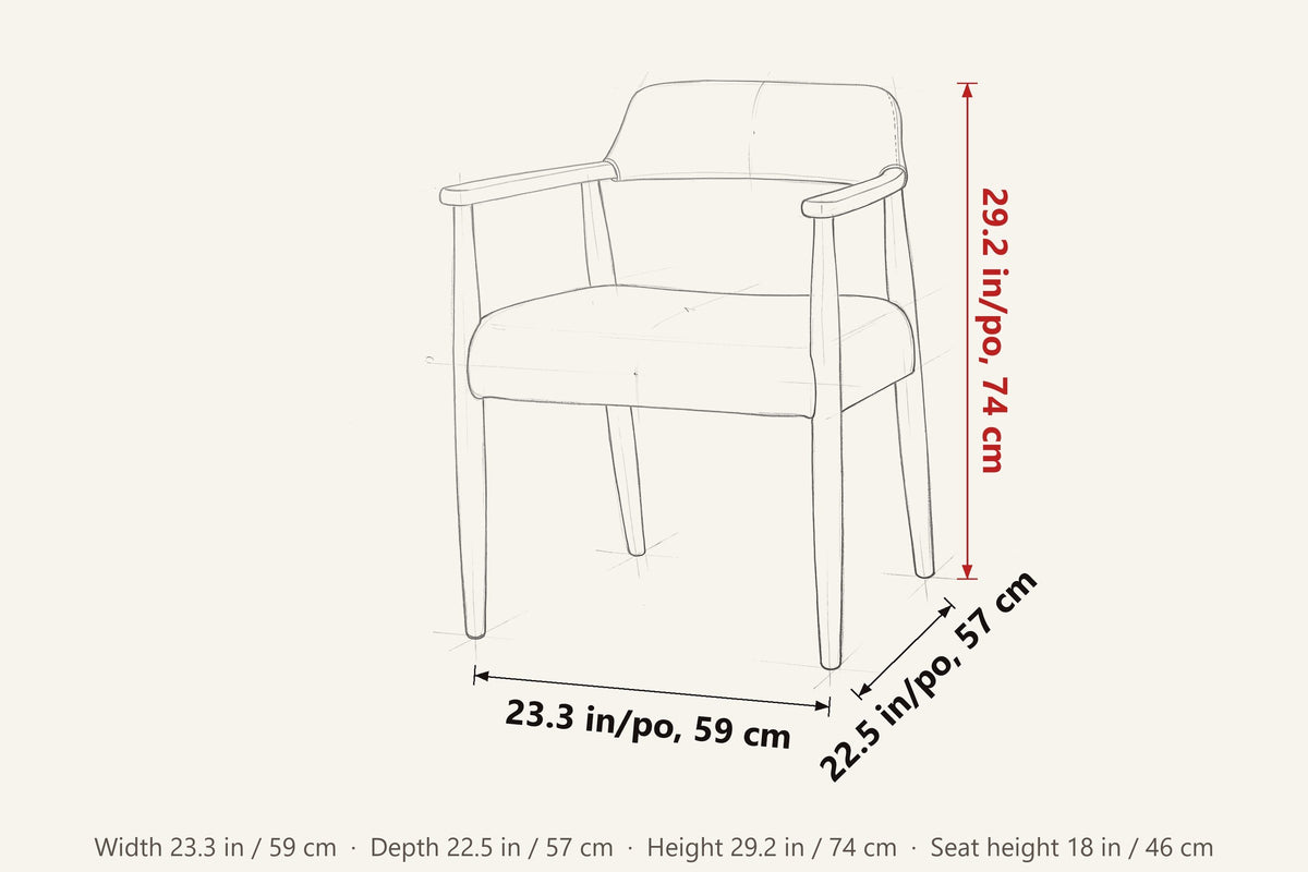 Laigueglia dimensions on a pencil sketch of the armchair: 29.2 in high, 22.5 in deep, 23.3 in wide, seat height 18 in