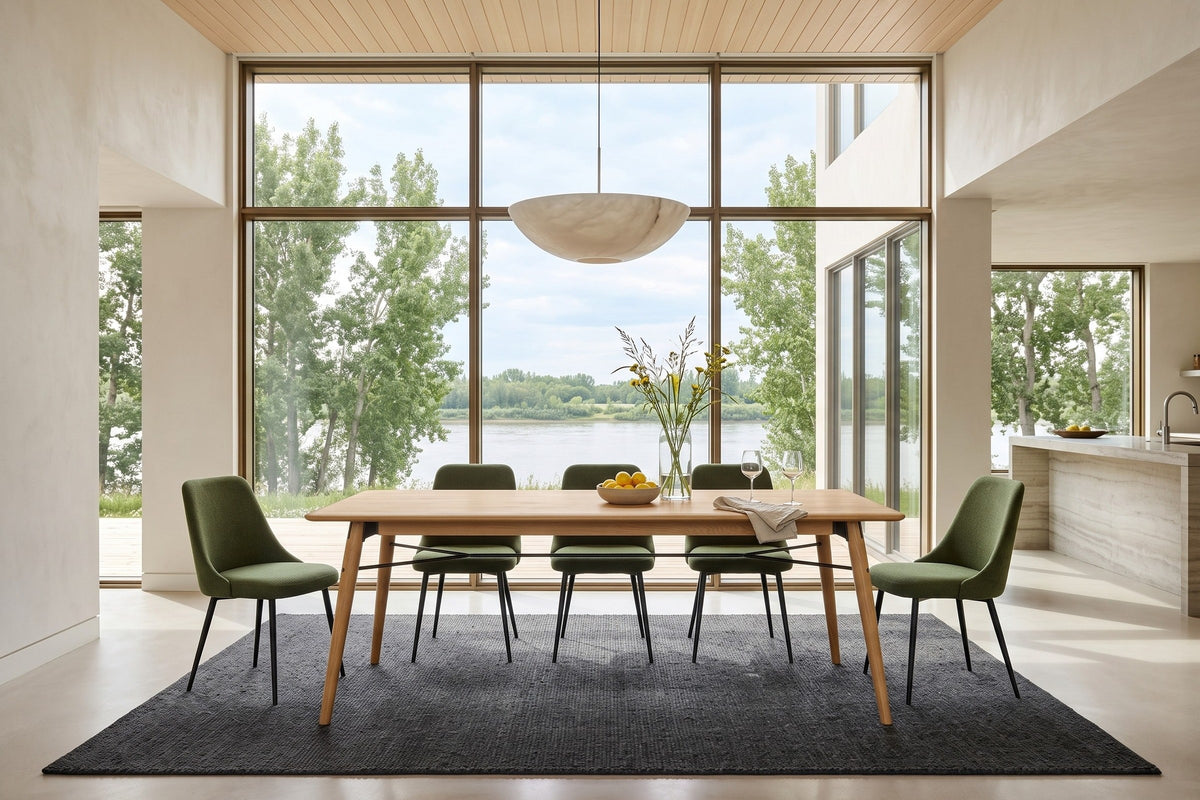 Larino dining table in Natural in a Saskatoon riverbank house, with a fir ceiling