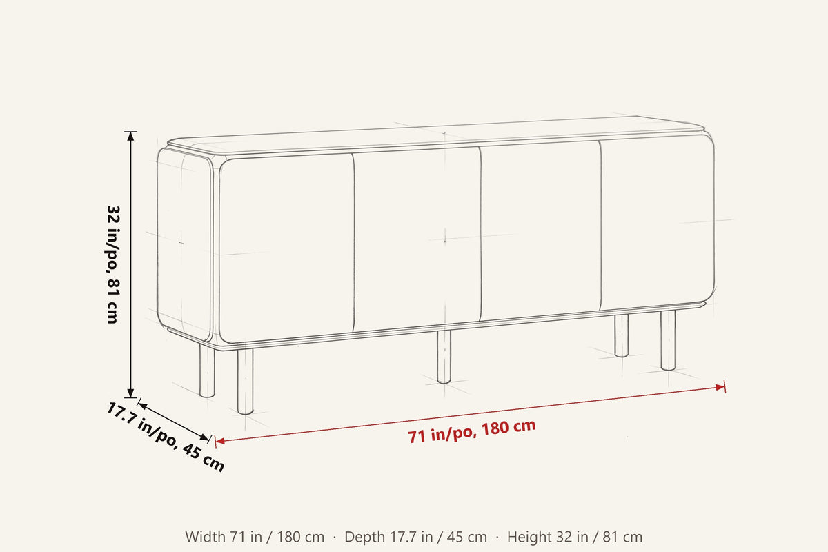 Larino dimensions on a pencil sketch of the sideboard: 71 in wide, 17.7 in deep, 32 in high