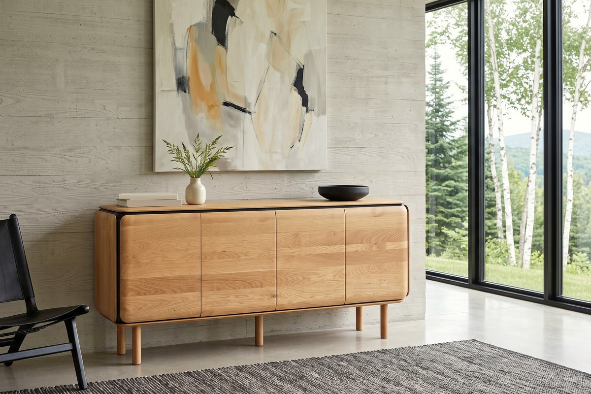 Larino sideboard in Natural and Black against board-formed concrete in a Stoneham house in the Laurentian hills