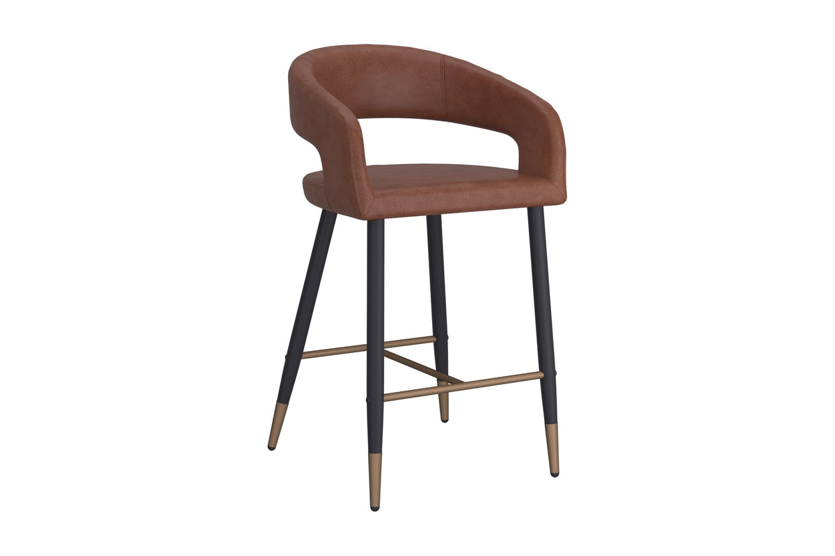 Lark saddle faux leather counter stool with black and aged gold legs, three-quarter view