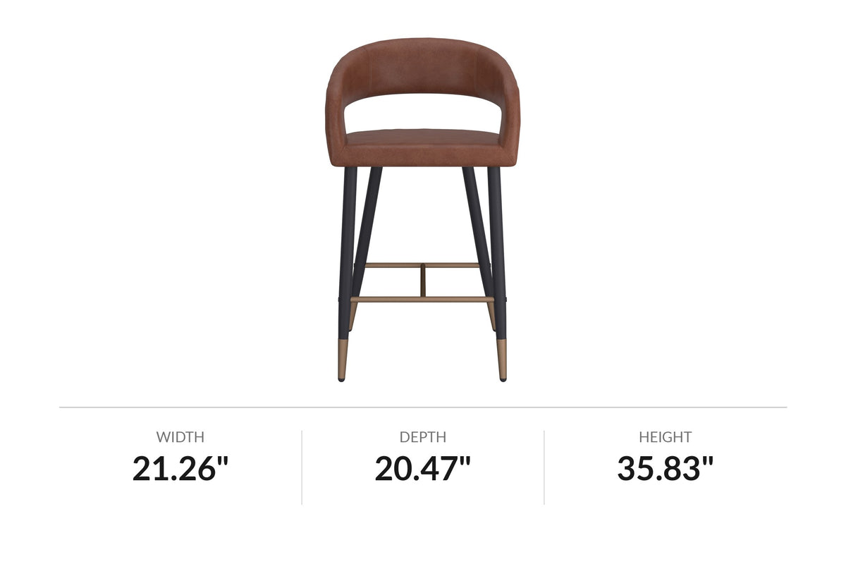 Lark counter stool in saddle faux leather, front view with dimensions
