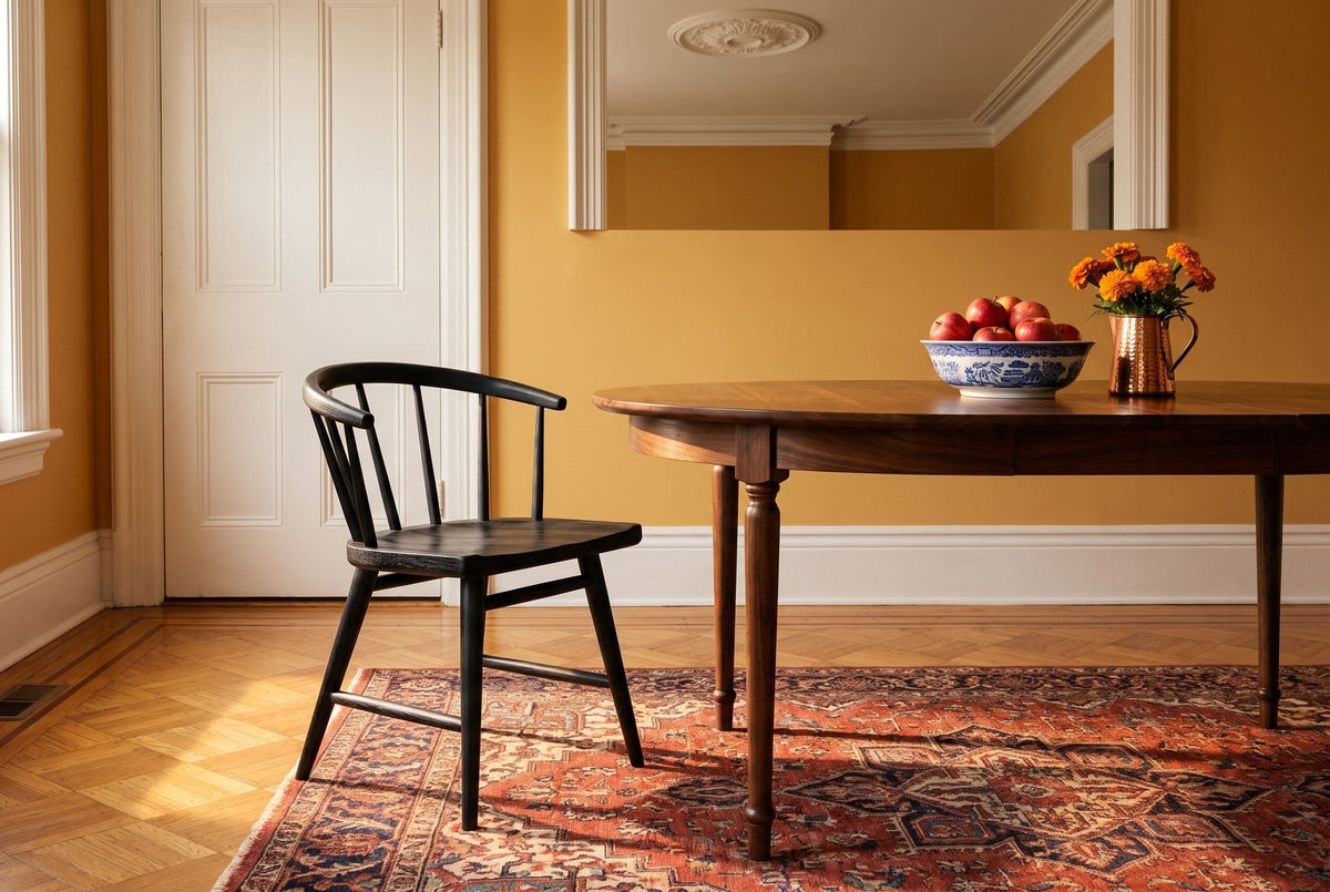 One black oak Lauryn dining chair with a curved spindle back at the end of an oval walnut table with a blue and white bowl of red apples and a copper jug of orange marigolds, in an ochre yellow room with a white panelled door and white mouldings, on an oak parquet floor with a red and blue patterned rug in warm evening light