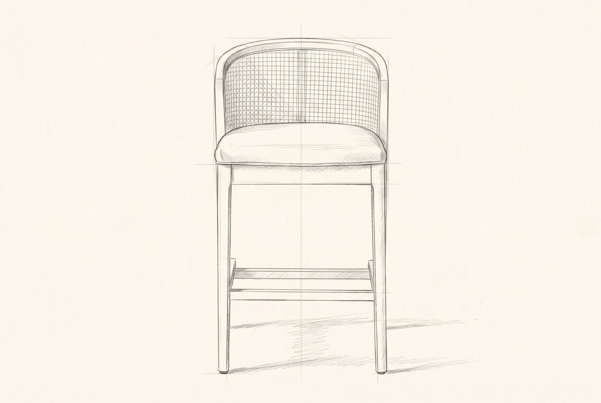 Pencil drawing of the Lazise counter stool, front view