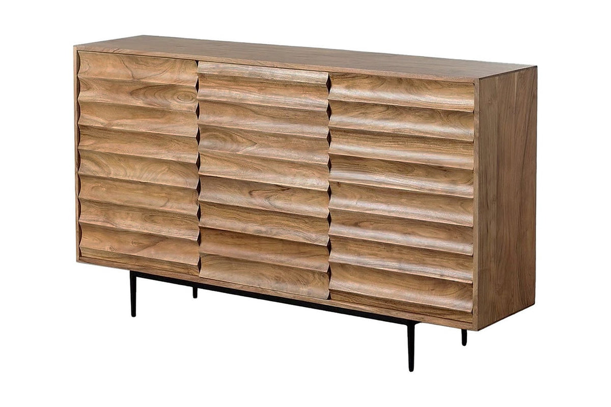 Leander honey acacia sideboard with carved ridged doors and black iron legs, three-quarter view