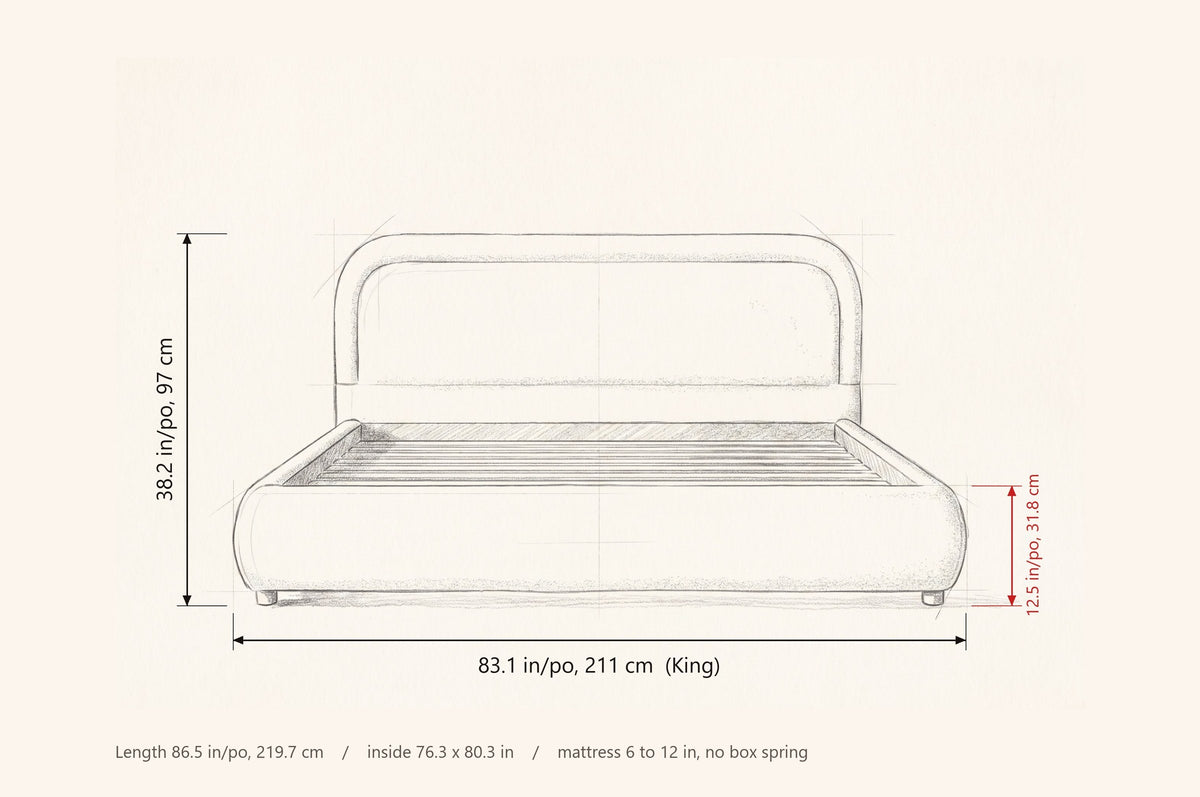Lerici bed dimensions: 83.1 in wide, 38.2 in high, rails 12.5 in high, 86.5 in long