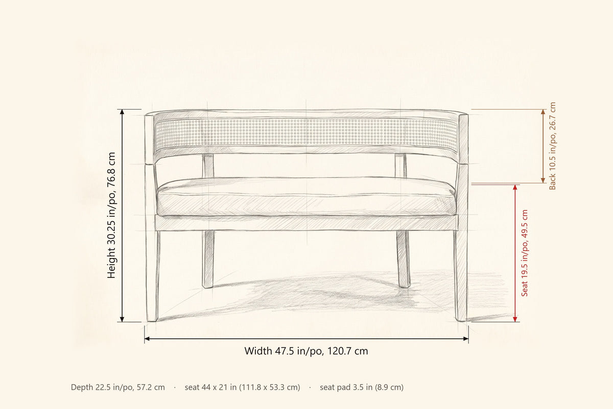 Levanto loveseat dimensions: 47.5 in wide, 30.25 in high, 22.5 in deep, seat height 19.5 in, back 10.5 in above the seat