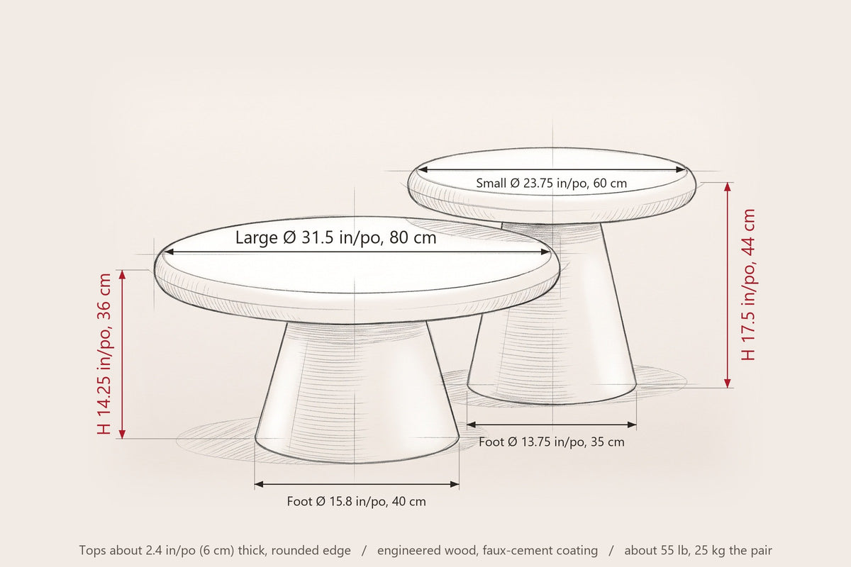 Levico nesting coffee tables dimensions: large 31.5 in across and 14.25 in high, small 23.75 in across and 17.5 in high