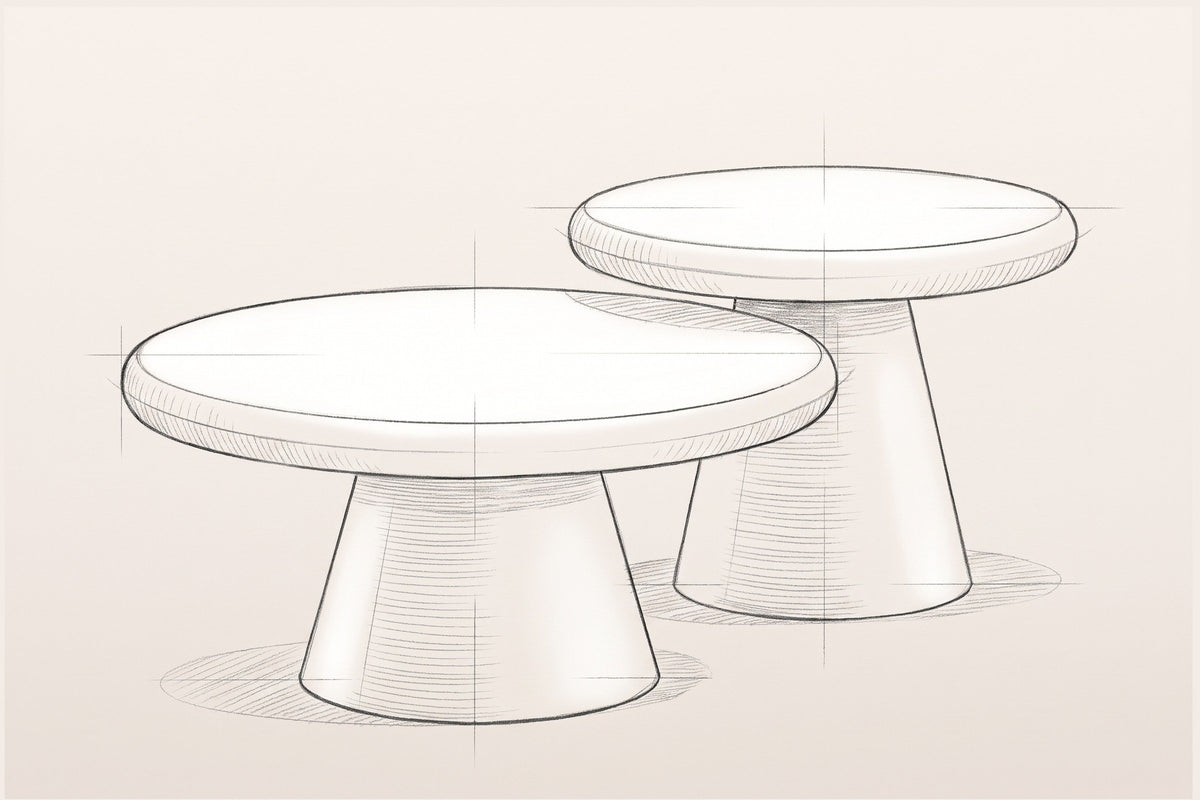 Pencil sketch of the Levico nesting coffee tables, three-quarter view from above