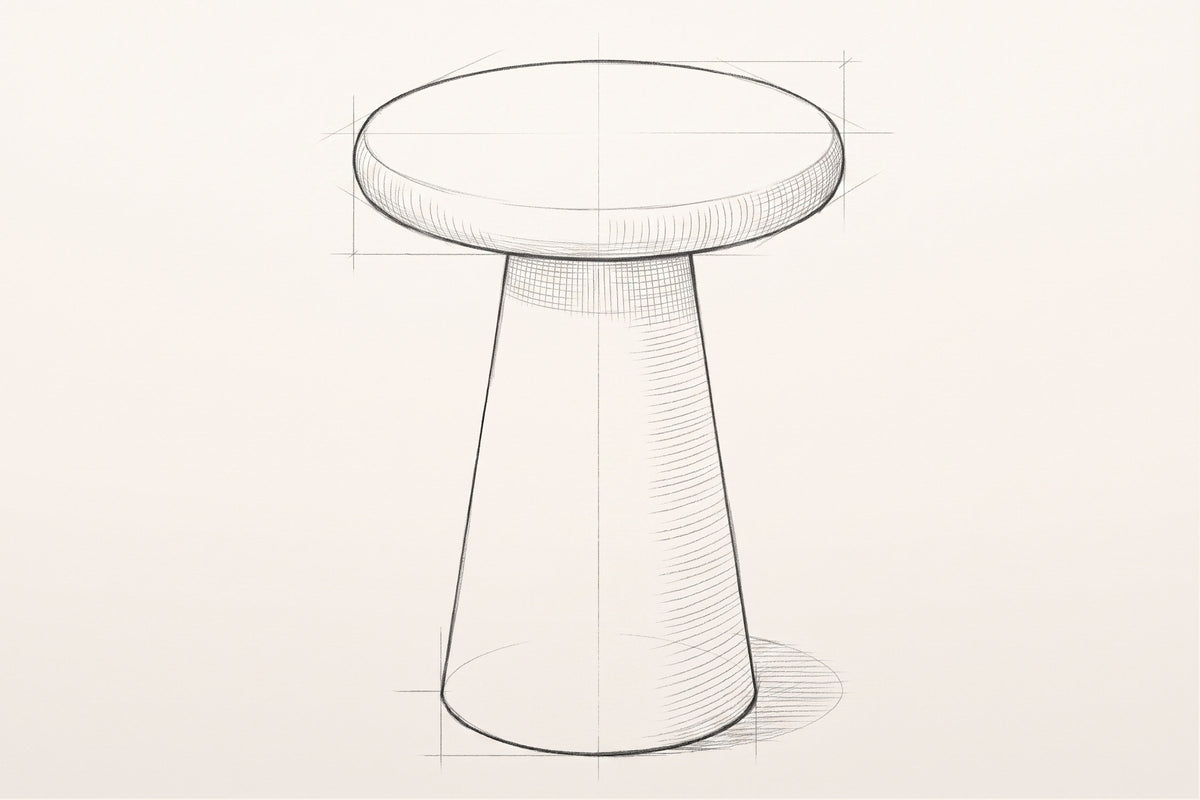 Pencil sketch of the Levico side table, three-quarter view from above