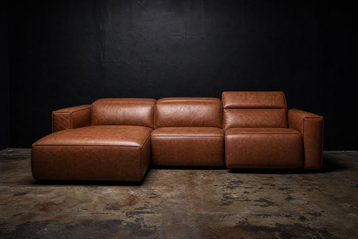 Emery Distressed Italian Aniline Leather Recliner Sectional Sofa