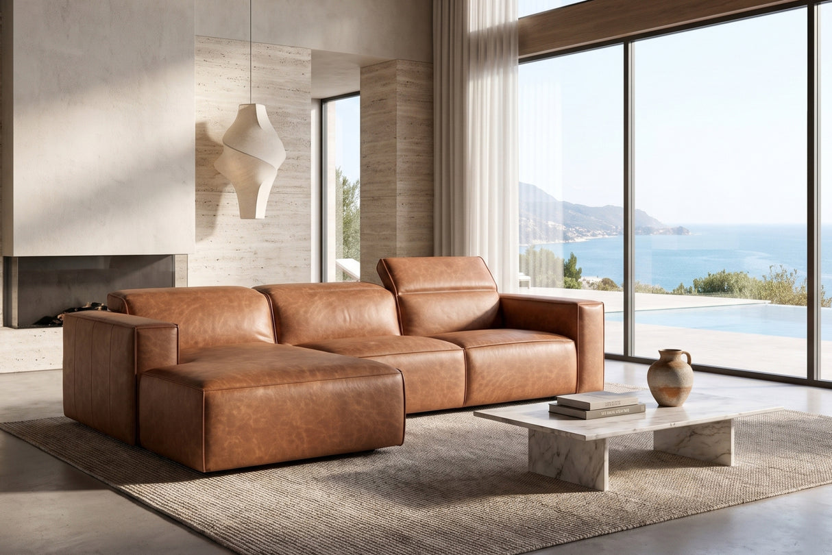 Emery Distressed Italian Aniline Leather Recliner Sectional Sofa