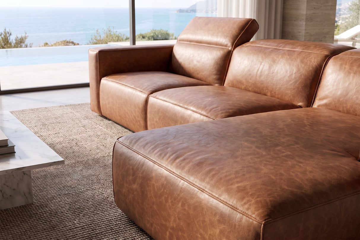 Emery Distressed Italian Aniline Leather Recliner Sectional Sofa